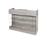 Counter Showcase 48(L ) x 22(W) x 42(H) - Inch, Barnwood Ledge-top Counter With 4 Adjustable Shelves, 2 Drawers Back