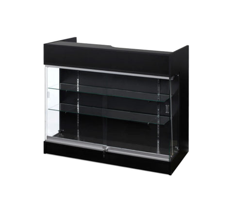 Counter Showcase 48(L ) x 22(W) x 42(H) - Inch, Black Ledge-top Counter With 4 Adjustable Shelves, 2 Drawers Back