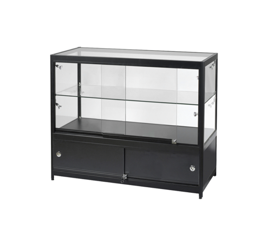 Lockable glass display case with bottom storage cabinet for retail