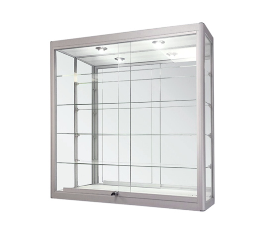 Wall mounted glass display case with lock for retail