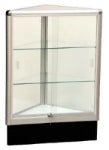 Triangle aluminum corner display showcase,glass display cases,  20" x 20" x 38" high, sliding doors with lock, 2 adjustable glass shelves inside,  6" kick plate.