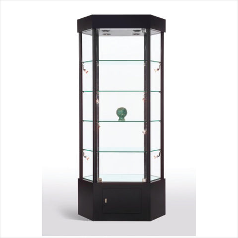 elongated Hexagon glass tower display showcase  cabinet- StoreFixtureShowcase.com