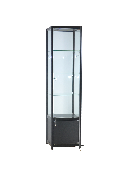 19 1/2 x 19 1/2 x 78 - inch Glass display case black with storage, 8 LED and lock. All glass tempered, 3 adjustable shelves
