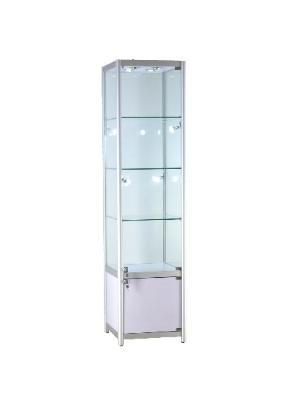 19 1/2 x 19 1/2 x 78 - inch Glass display case with storage, 8 LED and lock. All glass tempered, 3 adjustable shelves