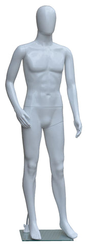 Full Body Male Mannequin, Plastic, White, with Egg Face and Glass Base