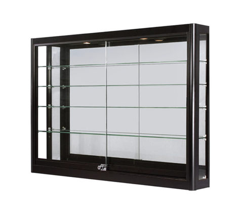 Wall mount display case with LED lighting and tempered glass doors