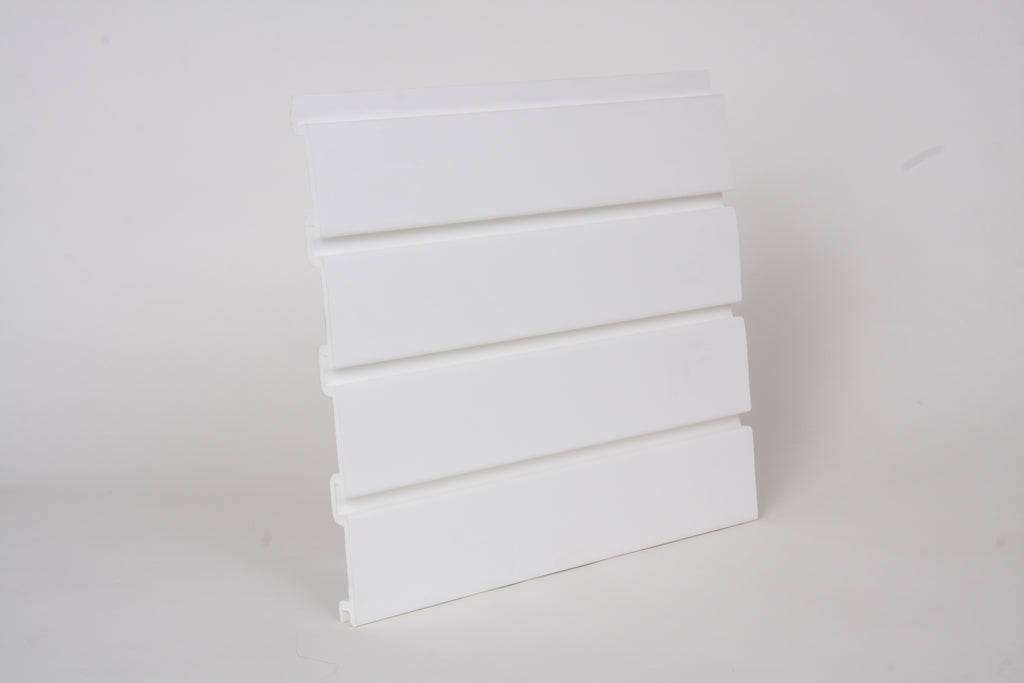 Plastic Slatwall Panels 8 x 1 - Foot White, and 4pcs of 8 x 1 - Foot Make 1pc Standard 8 x 4 - Foot Horizontal Slatwall