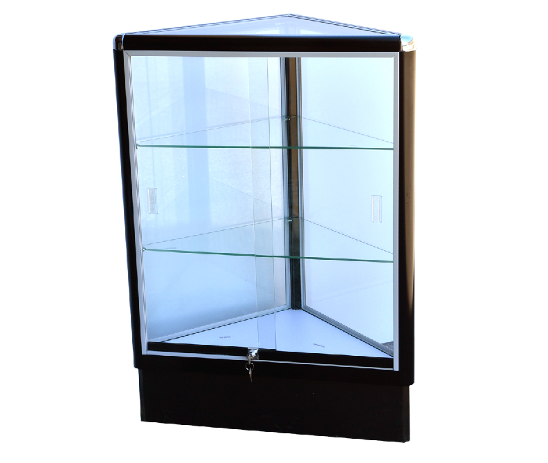 Corner Glass Display Case Triangle With Black Electrophoresis Aluminum Frame And Tempered Glass  - 38 x20 x 20 - Inch