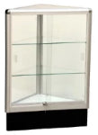 Triangle aluminum corner display showcase,glass display cases,  20" x 20" x 38" high, sliding doors with lock, 2 adjustable glass shelves inside,  6" kick plate.  