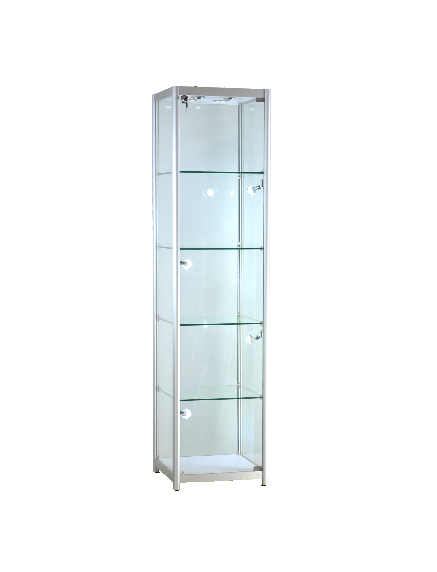 19.5x19.5x78-inch  pre-assembled anodized glass diplay tower, tempered glass, 4 adjustable shelves, locking hinged door,8 LED