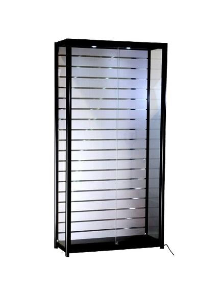  39x15x78-inch  Pre-assembled slatwall display case, black frame, top, base, white slatwall back panel, 2 LED, sliding doors