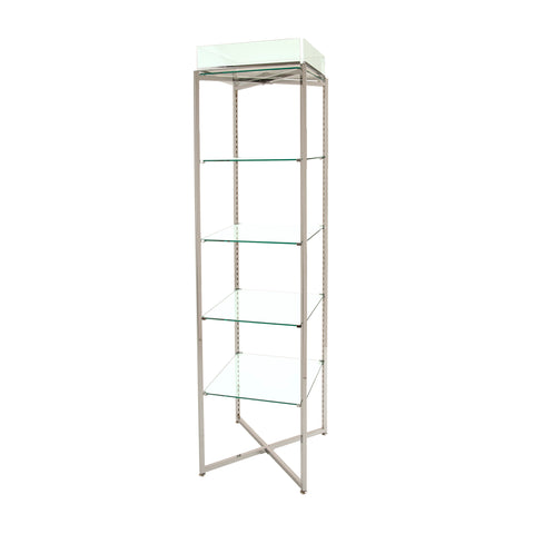 Glass Display Unit - 68 X 18 X 18 Inch Chrome or Brushed Chrome Folding Glass Tower with Sign Holder