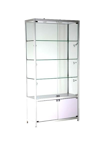 Glass storage display cases 39x15x78-inch lockable, aluminum frame, white MDF, slatwall panel, tempered glass, 3 shelves, LED