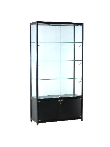 Glass storage display cases 39x15x78-inch lockable, black aluminum, melamine, slatwall panel, tempered glass, 3 shelves, LED
